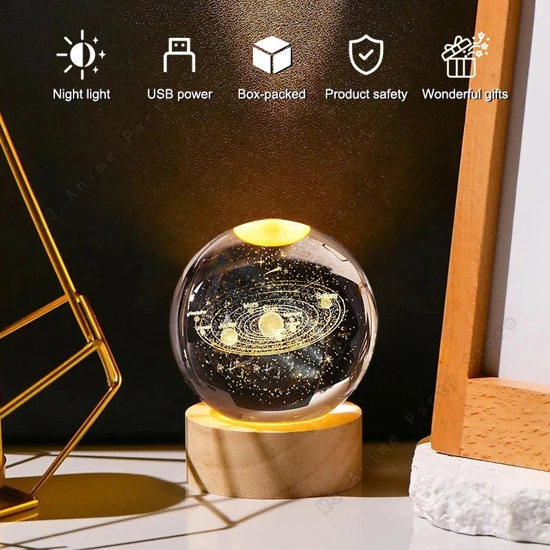 Unique 3D Crystal Ball Night Light Led Lamp Bedside Table Glowing Galaxy Lamp Saturn Planets Moon Children Birthday Gift Toy 5Cm
